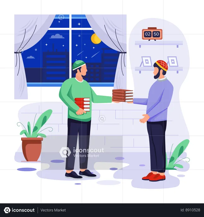 O homem islâmico está dando doação de livros  Ilustração