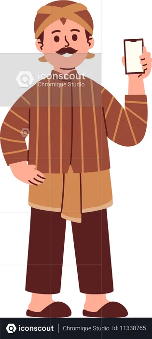Homem javanês usa blangkon segurando telefone  Ilustração