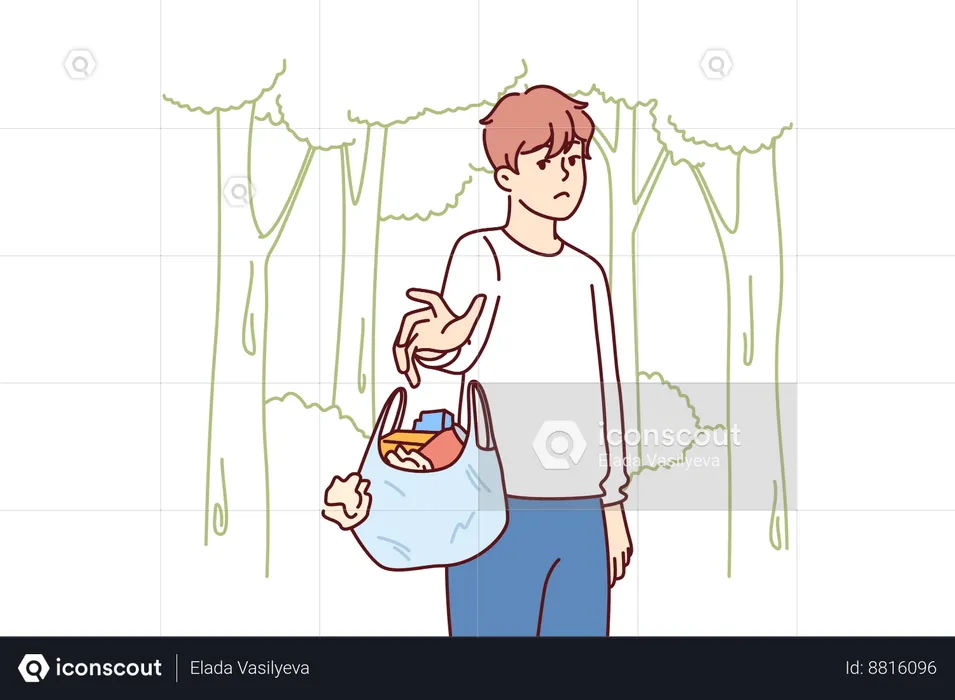 Homem joga fora saco de lixo no lugar errado  Ilustração
