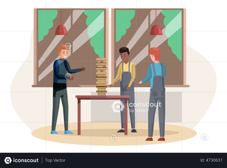 Homem jogando Jenga em casa  Ilustração