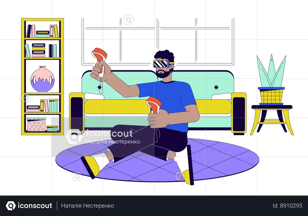 Homem jogando videogame com óculos vr  Ilustração