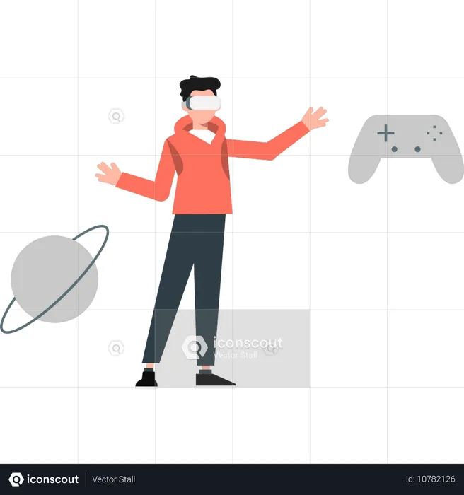 Homem jogando videogame no metaverso  Ilustração