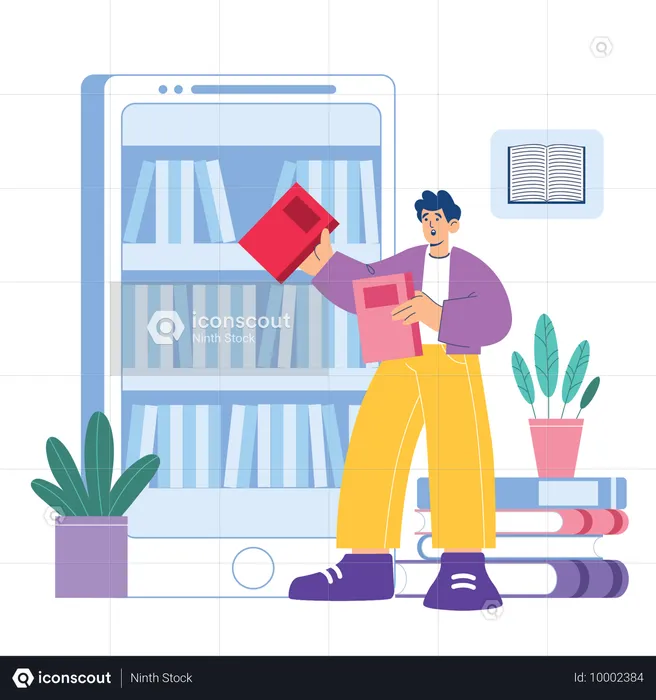 Homem lendo livro da biblioteca on-line  Ilustração