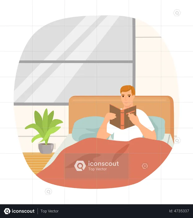 Homem lendo livro enquanto relaxa na cama  Ilustração