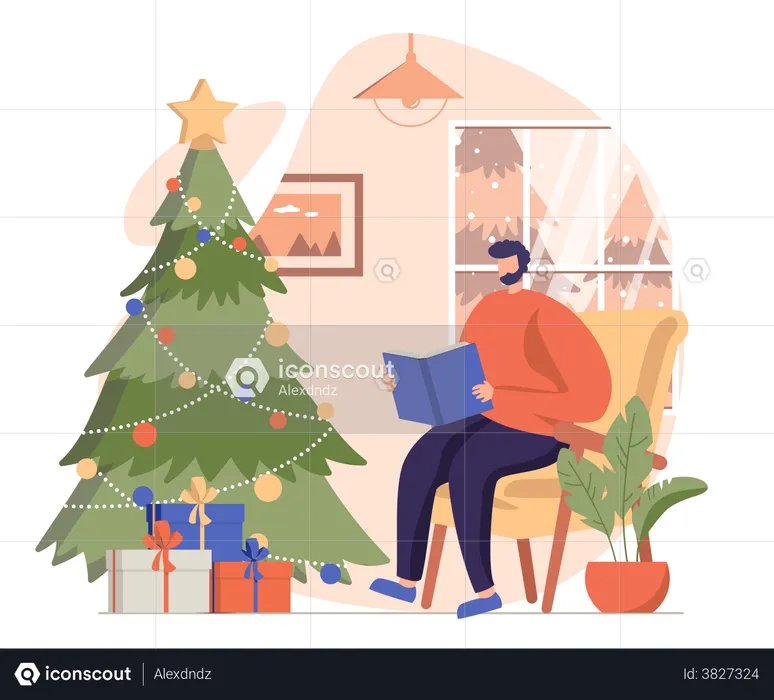 Homem lendo livro na véspera de Natal  Ilustração