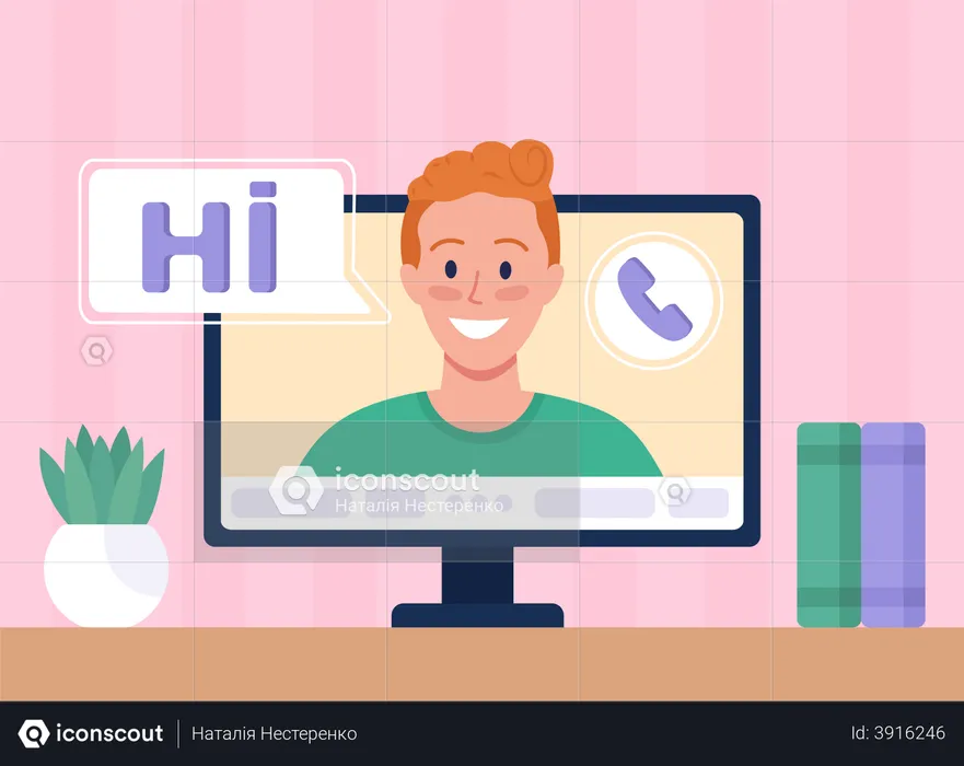 Homem ligando on-line usando videoconferência  Ilustração