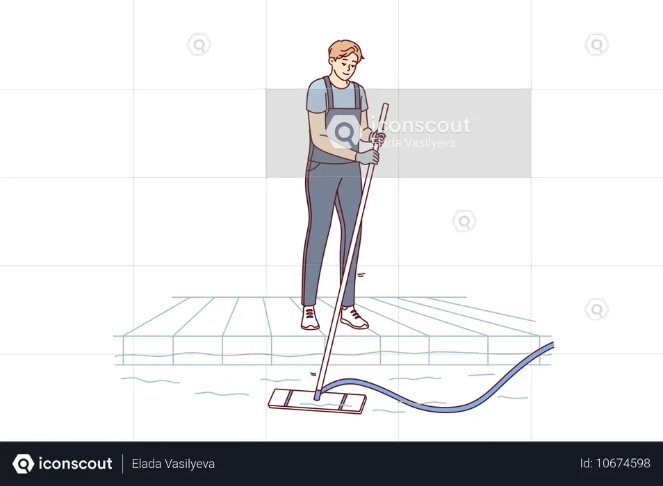 Homem que limpa piscinas usa aspirador elétrico com mangueira para sugar algas e detritos do fundo  Ilustração