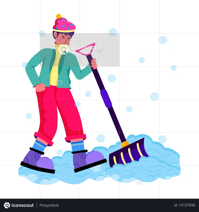 Homem limpando neve com pá  Ilustração