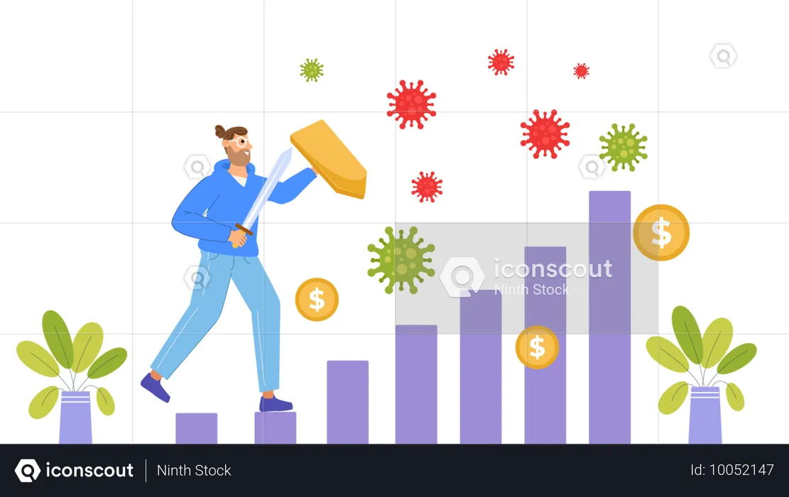 Homem lutando contra crise econômica  Ilustração