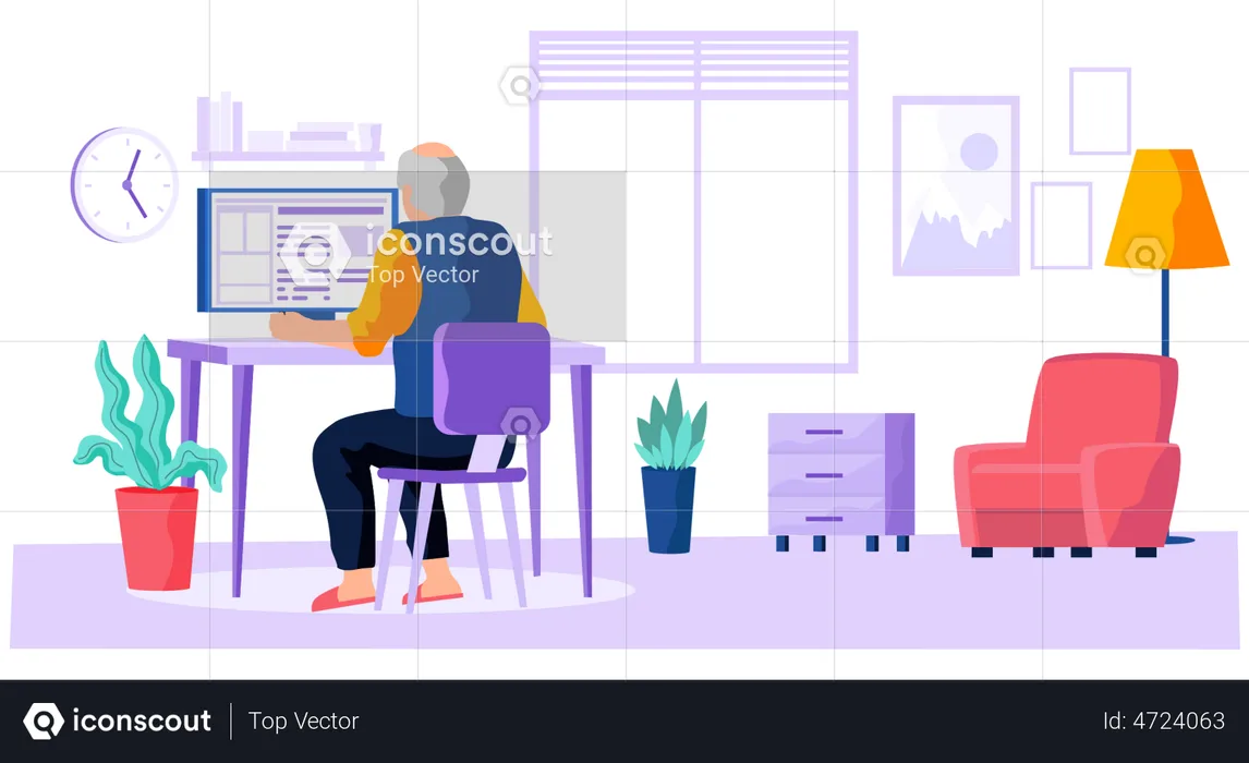 Homem mais velho trabalhando no computador  Ilustração