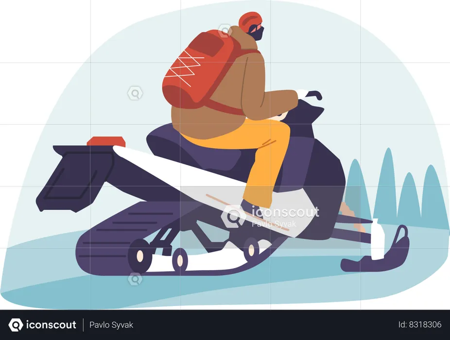 Homem manobra o snowmobile pela paisagem imaculada do inverno  Ilustração