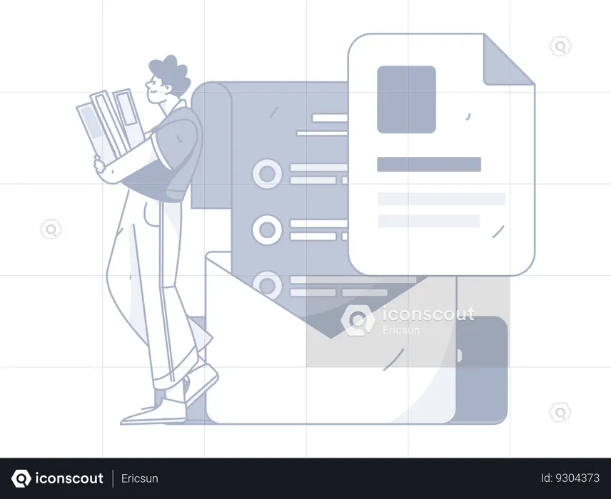 Homem segurando arquivos enquanto recebe correspondência comercial  Ilustração