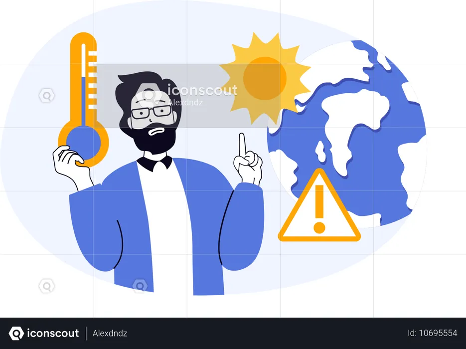 Homem mostrando aumento de temperatura devido à poluição  Ilustração