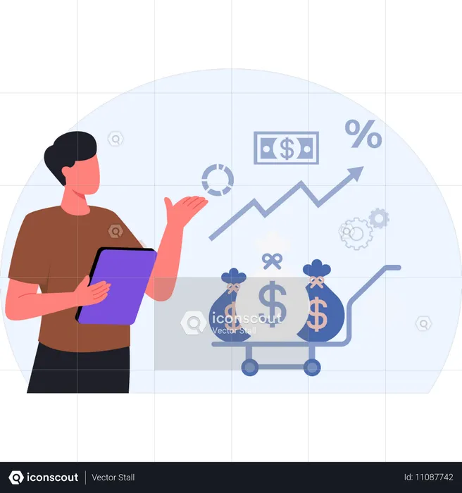 Homem mostrando crescimento de investimento  Ilustração