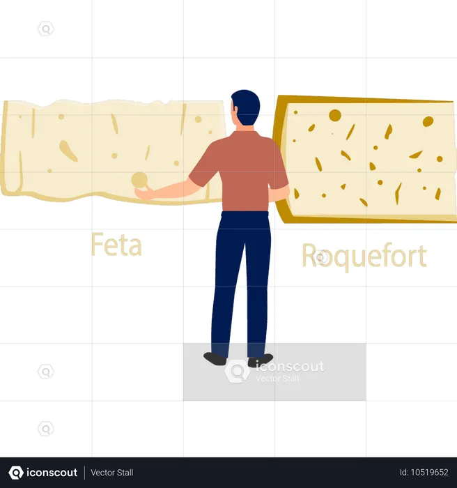 Homem mostrando diferentes queijos feta e roquefort  Ilustração