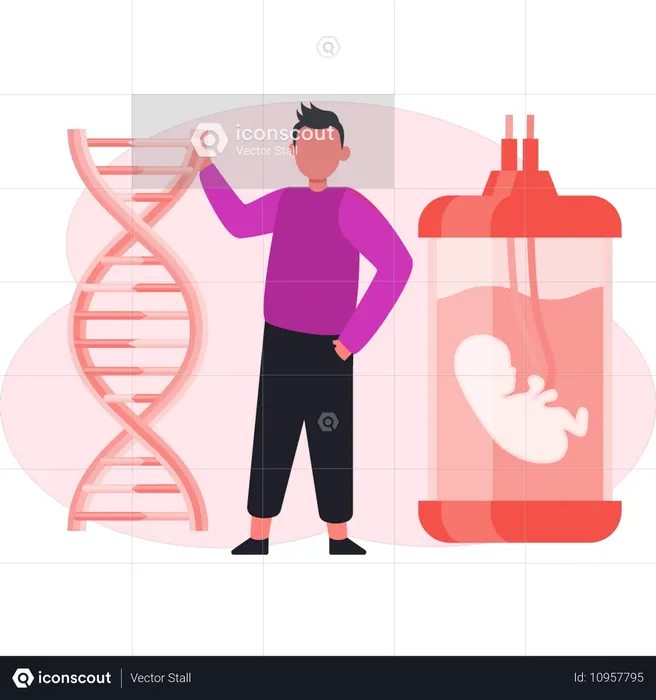 Homem mostrando DNA de bebê humano  Ilustração