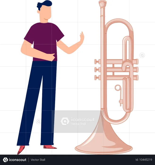 Homem mostrando música de trompete  Ilustração