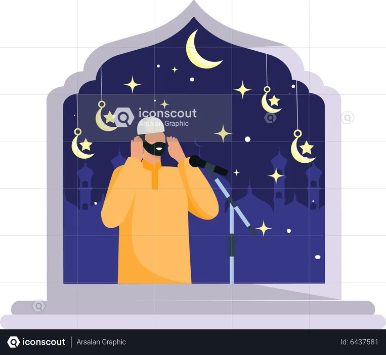 Homem muçulmano dando a chamada para oração no microfone  Ilustração