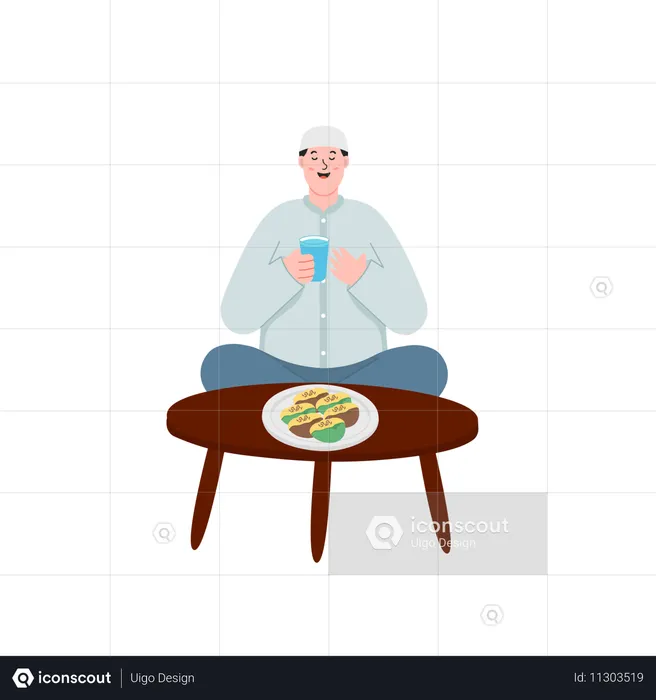 Homem muçulmano fazendo oração antes do iftar  Ilustração