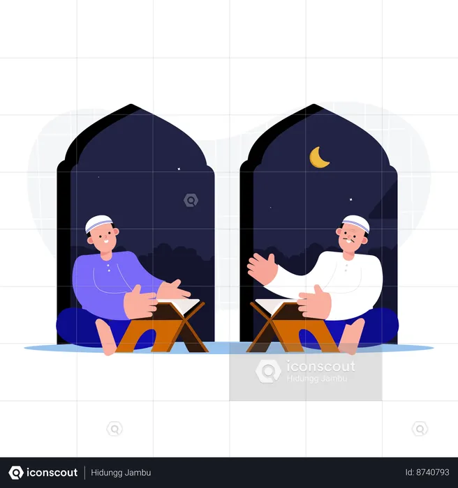 Homem muçulmano lendo o Alcorão no Ramadã  Ilustração