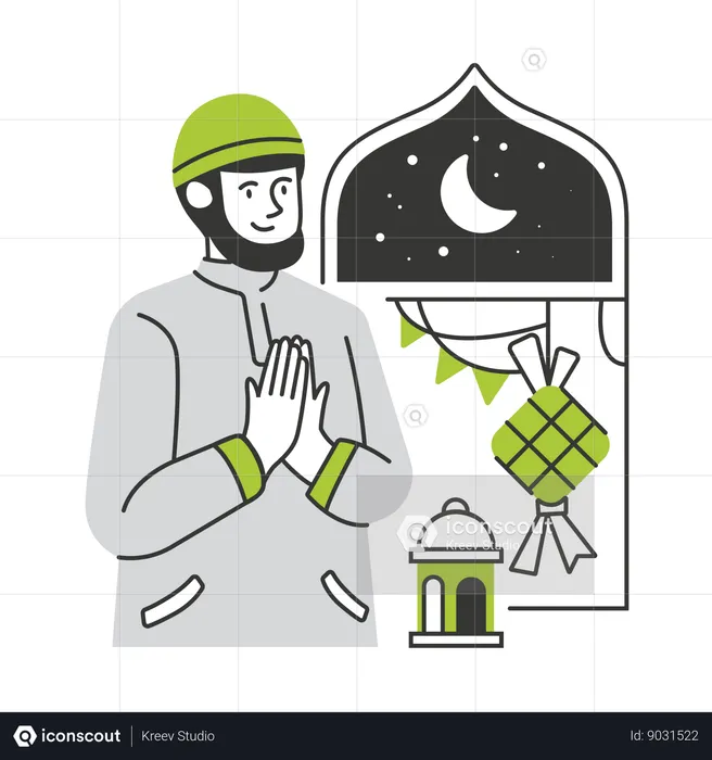 Homem muçulmano rezando durante a noite do Ramadã  Ilustração