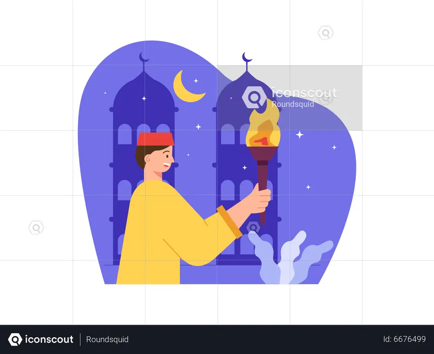 Homem muçulmano segurando tocha de fogo  Ilustração