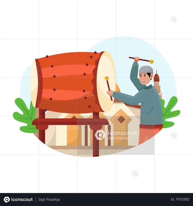 Homem muçulmano tocando tambor bedug  Ilustração