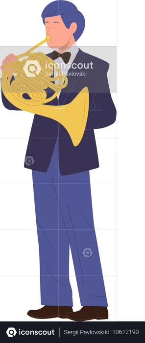 Homem talentoso e inspirado, músico, personagem se apresentando no palco tocando trombone, trompa francesa  Ilustração