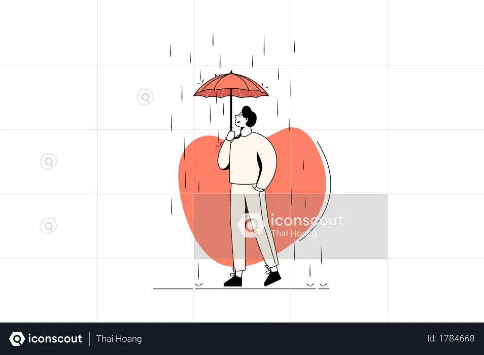 Homem não consegue proteção devido a pequeno guarda-chuva na chuva  Ilustração