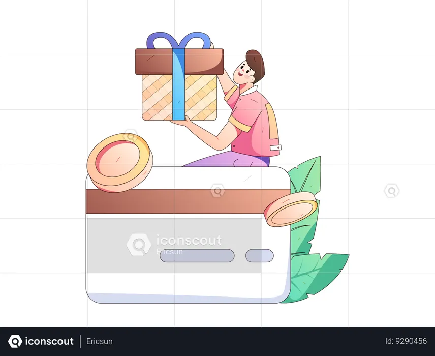 Homem recebendo recompensa de crédito enquanto segura uma caixa de presente  Ilustração