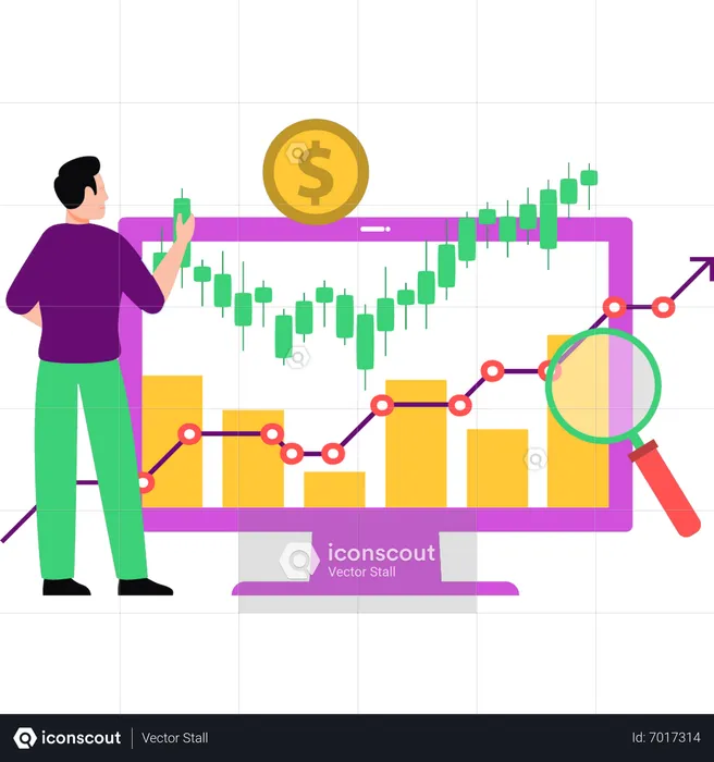 Homem olhando para o gráfico analítico do dólar  Ilustração