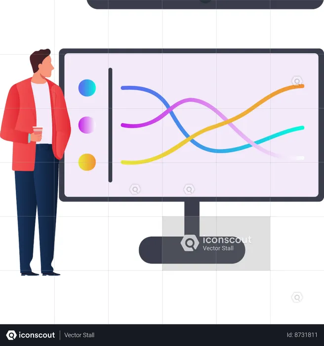 Homem olhando gráfico de linha na tela  Ilustração