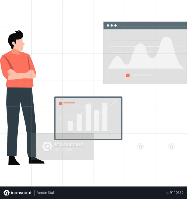Homem olhando gráfico na página da web  Ilustração