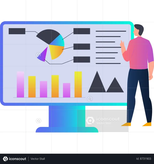 Homem olhando para o gráfico no monitor  Ilustração