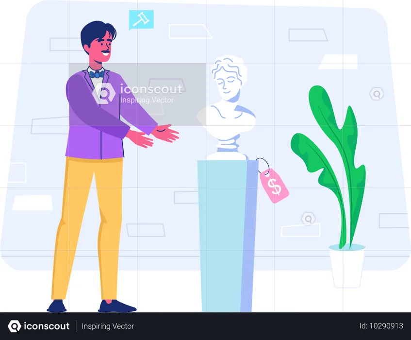 Homem olhando para o preço de uma estátua em leilão  Ilustração