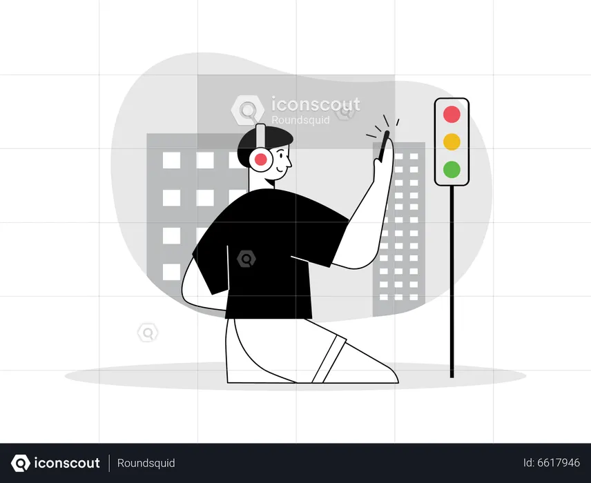 Homem ouvindo podcast no sinal de trânsito  Ilustração