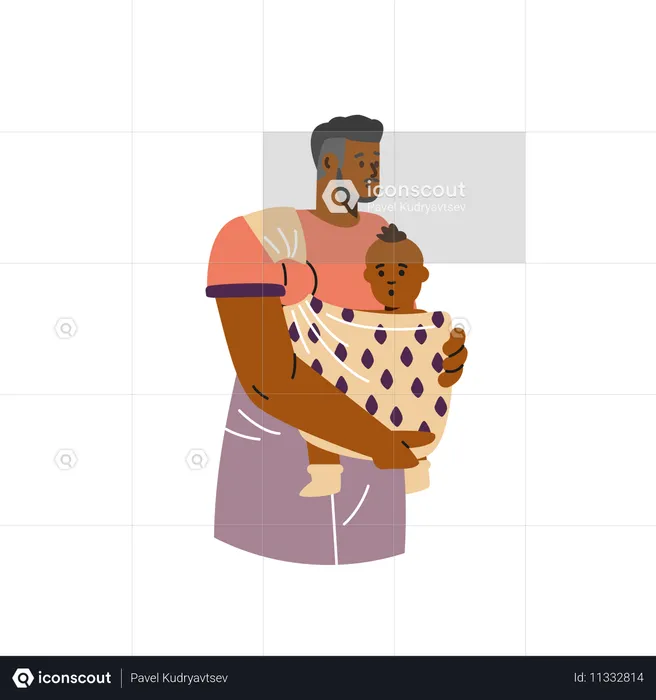 Pai africano caminhando com bebê em canguru  Ilustração