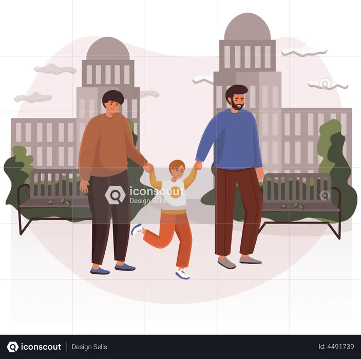 Pais masculinos com filho andando na rua  Ilustração