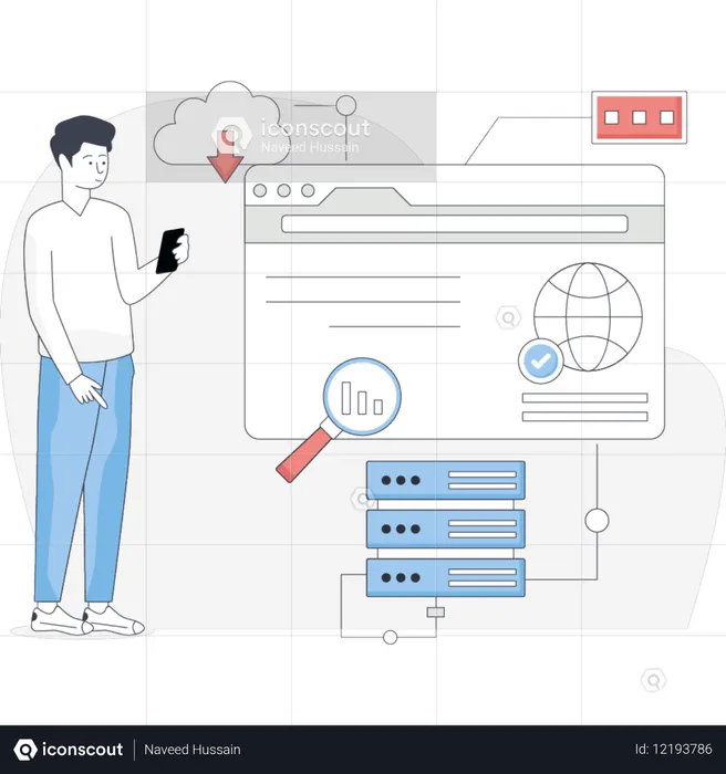Homem em pé perto de hospedagem na web  Ilustração