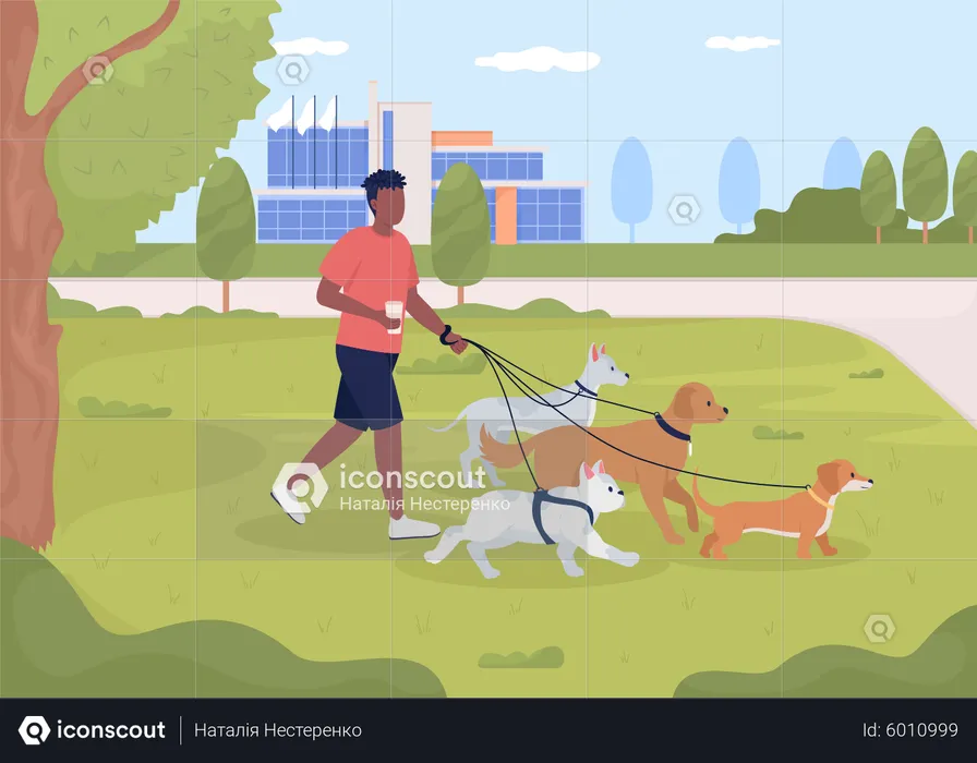 Homem passeando com cachorros no parque  Ilustração