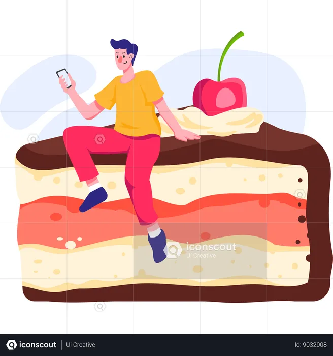 Homem pedindo sobremesa pelo aplicativo móvel  Ilustração
