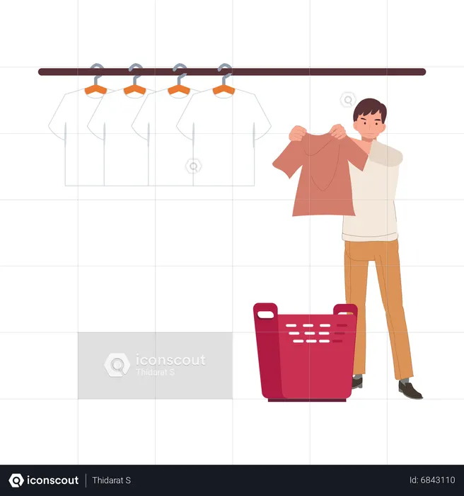 Homem pendurando roupas molhadas para secar  Ilustração