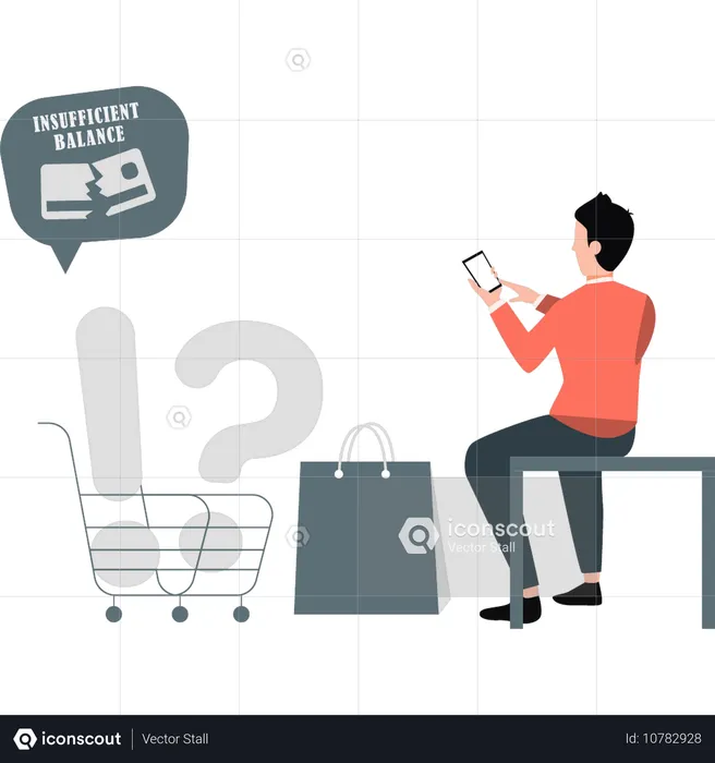 Homem pensando em fazer compras online  Ilustração