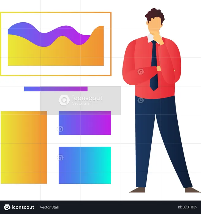 Homem pensando em gráfico de finanças empresariais  Ilustração