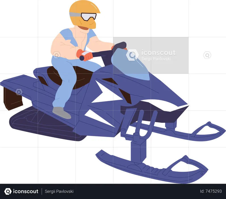 Personagem de homem andando de snowmobile desfrutando de recreação de inverno ao ar livre  Ilustração