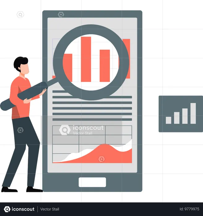 Homem pesquisando gráfico com lupa  Ilustração