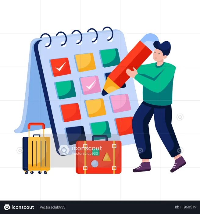 Homem planeja agenda de viagens  Ilustração