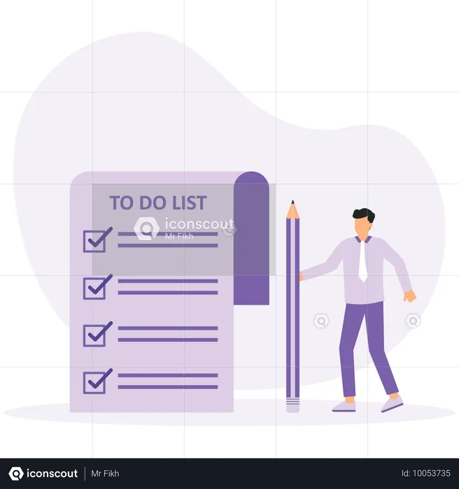 Homem planejando tarefa na lista de verificação de negócios  Ilustração