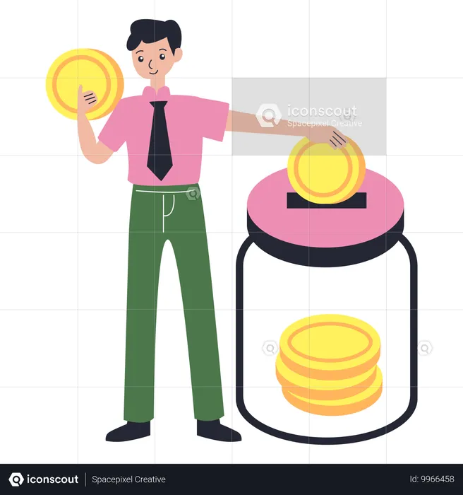 Homem economizando em Money Jar  Ilustração