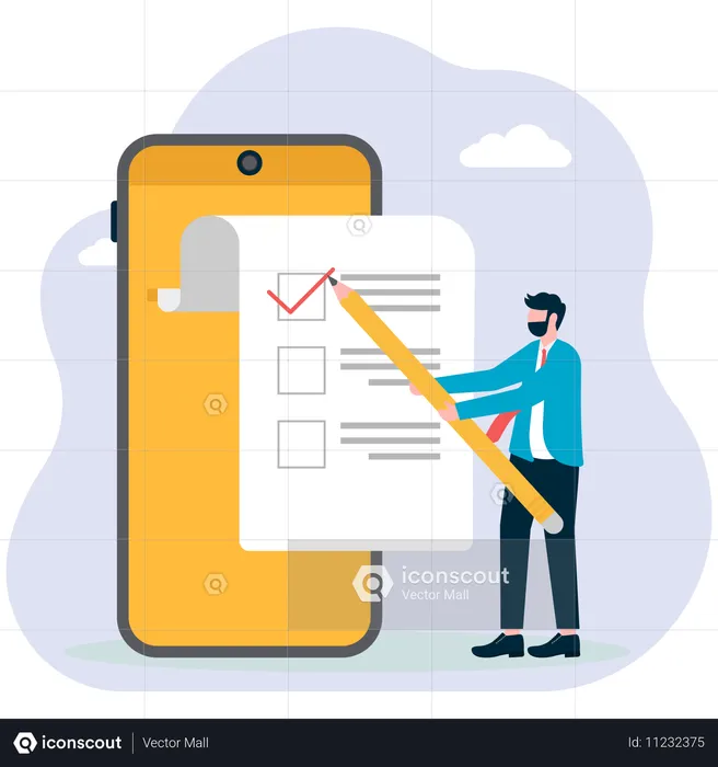Homem preenchendo lista de verificação online  Ilustração